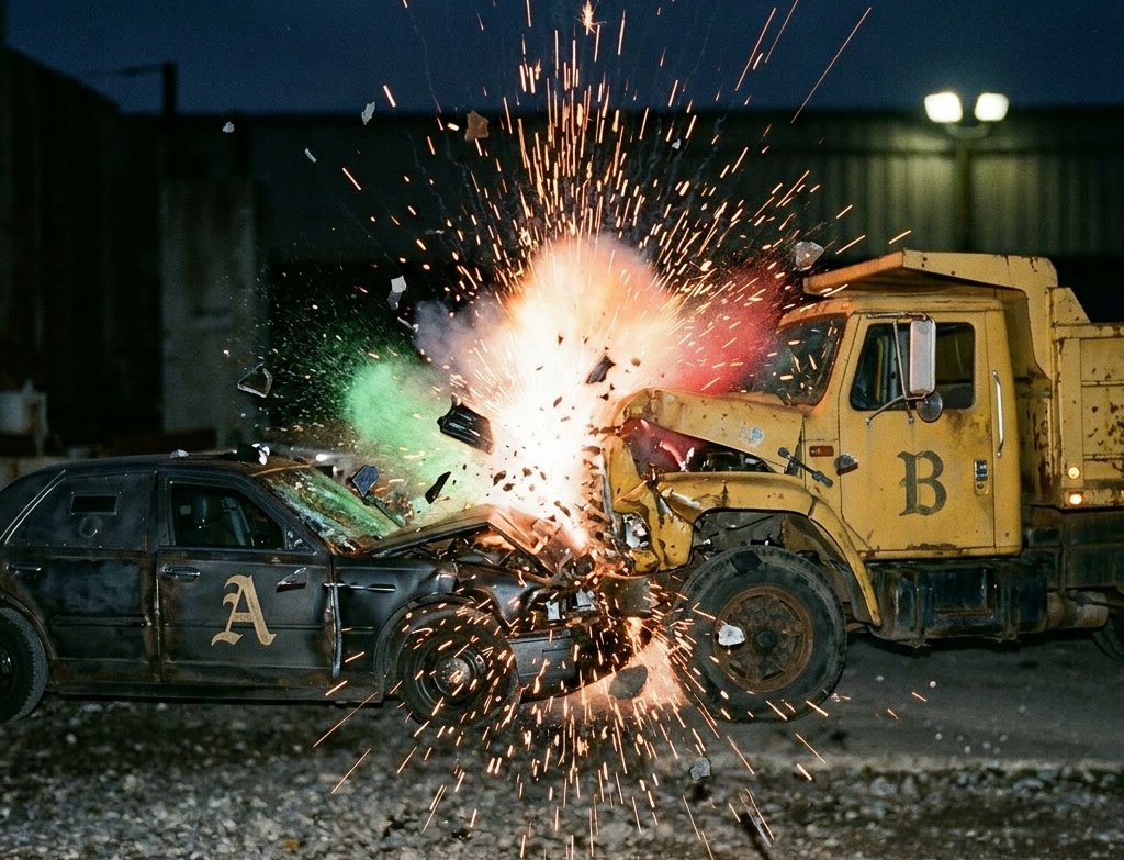 Metal spheres A and B colliding with an explosion and flying sparks