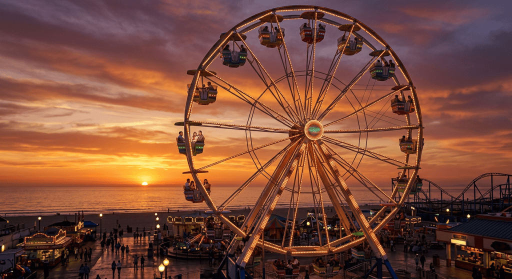 Ferris wheel illuminated at sunset with people riding and ocean in background
