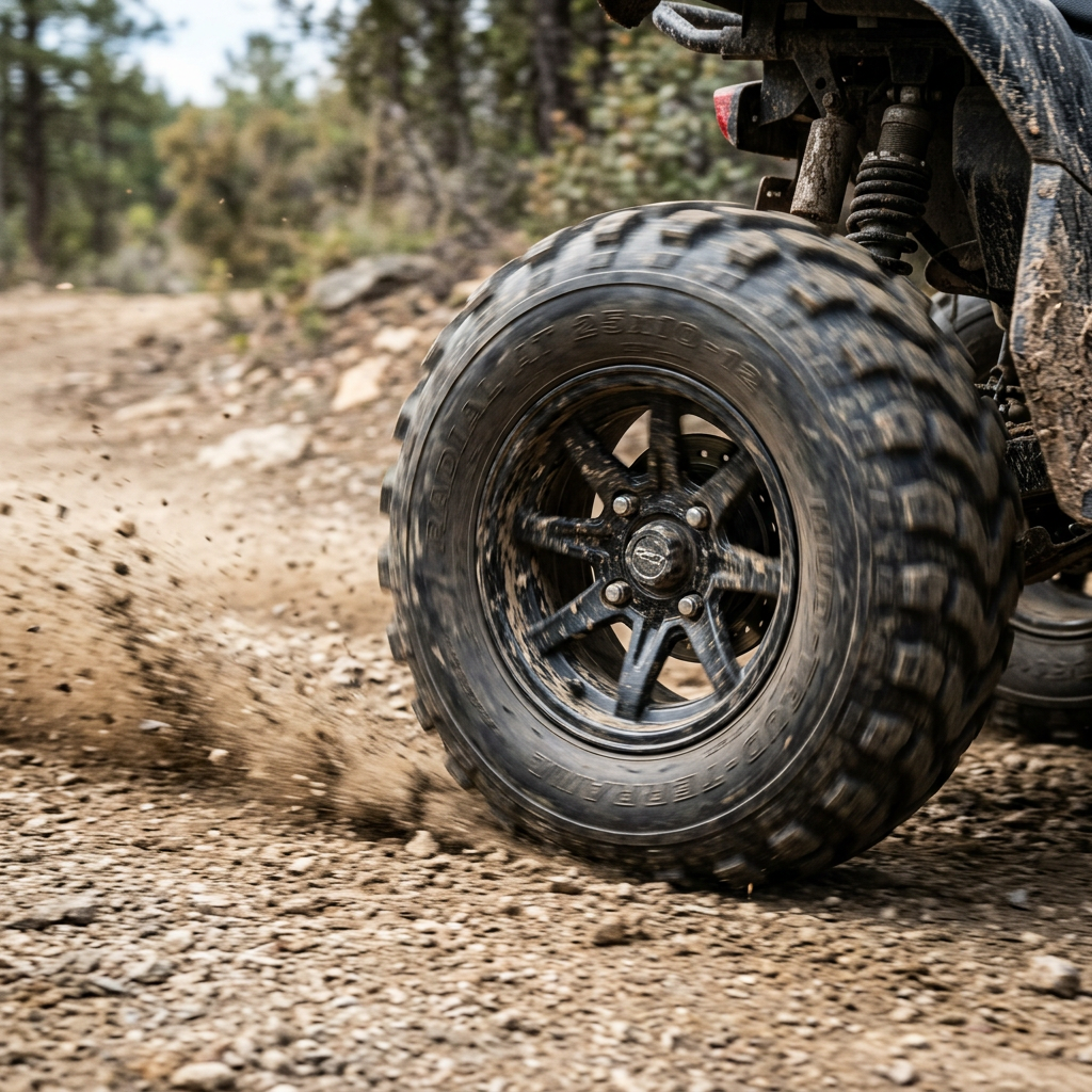 Close-up of an ATV tire spinning on a gravel trail, kicking up dirt and rocks