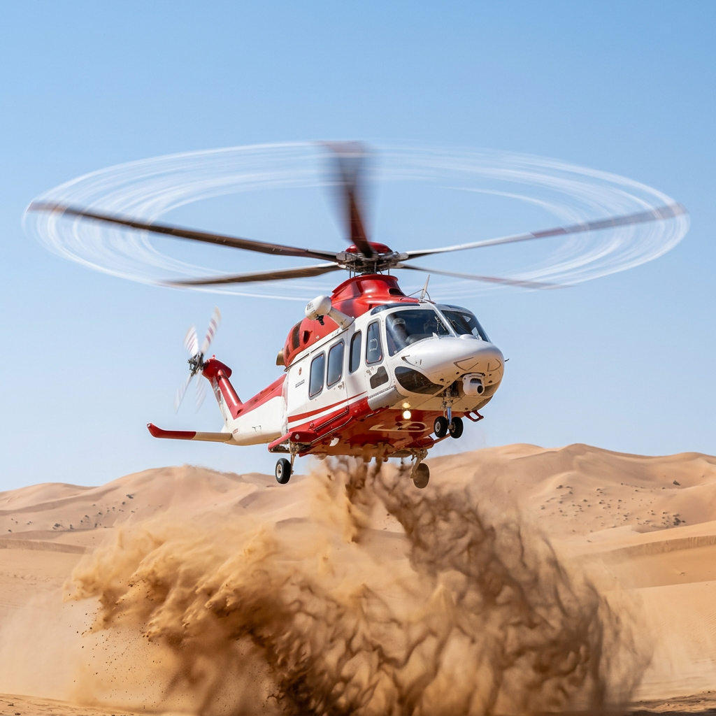 Red and white helicopter taking off over desert sand dunes with dust cloud